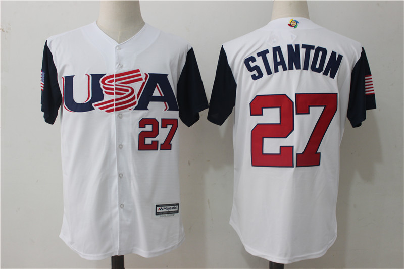Men USA Baseball #27 Giancarlo Stanton Majestic White 2017 World Baseball Classic Authentic Jersey